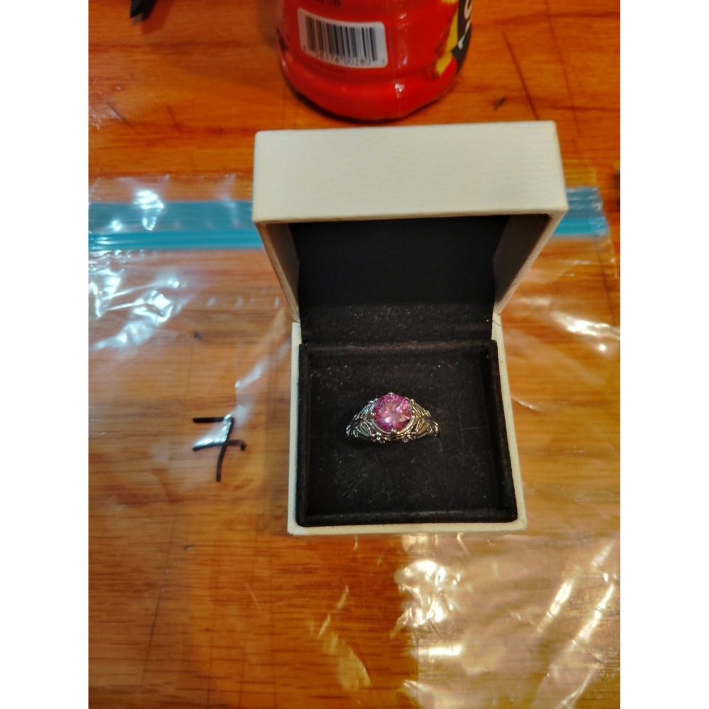 Sterling Silver 925 Filigree Pink Stone Solitaire Cocktail Ring Size 7.25
